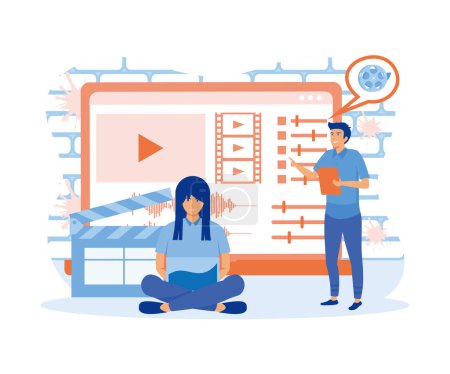 Video editor studio. Video maker online course. Tiny people footage editing and making multimedia content production in laptop app. flat vector modern illustration
