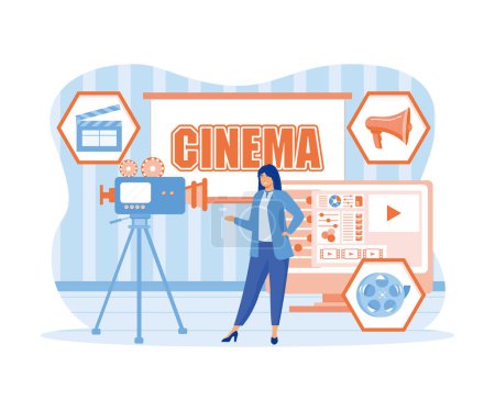 Film Production, Film making concept. Movie camera, loud speaker, clapper board, cine-film, video editor on screen, award statue, cinema screen. flat vector modern illustration