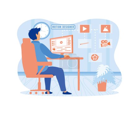 Motion designer animator working on computer creating animated video while sitting at desk. Motion graphic studio services concept for web banner, website page etc. flat vector modern illustration