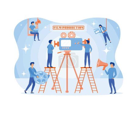 Making movie, video production landing page template with tiny people in the process of shooting a movie. flat vector modern illustration