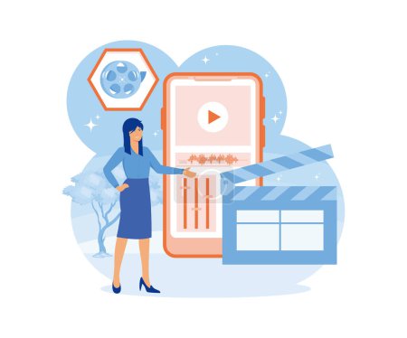 Video editor studio. Video maker online course. Tiny woman footage editing and making multimedia content production in smartphone app. flat vector modern illustration