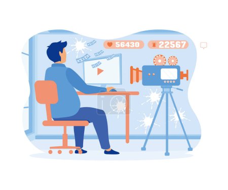 Man video blogger with copy space. Streamer, vlogger concept. flat vector modern illustration