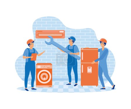 Happy servicemen repairing machines at home. Electrician, mechanic or repairer at work. Repair and maintenance concept. flat vector modern illustration