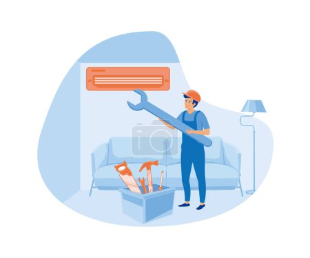 Air Conditioner Repair or Installation with Unit Breakdown, Maintenance Service, Cooling System. flat vector modern illustration
