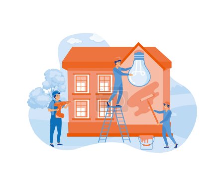 Home renovation workers. Painting, electric, finishing works, builders doing apartment repair, professional decorating service. flat vector modern illustration
