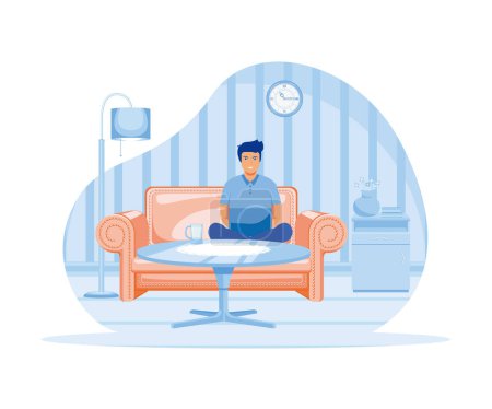 Illustration for A freelancer man works behind a laptop. Home office workplace. flat vector modern illustration - Royalty Free Image
