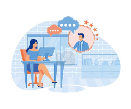Illustration for Woman Working at Home Office. Sitting at Desk in Cozy Room, Looking at Computer Screen and Talking with Colleagues Online. flat vector modern illustration - Royalty Free Image