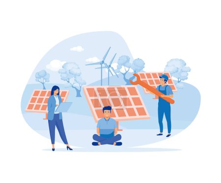 Solar energy panels system concept. Installing solar modules. Field service technicians, engineer, manager and architect. Scene with people and equipment. flat vector modern illustration
