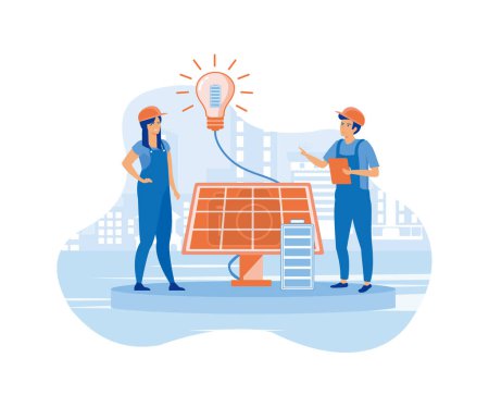 Solar energy panel installation. Field worker and project manager demonstrated system. Sustainable development. flat vector modern illustration
