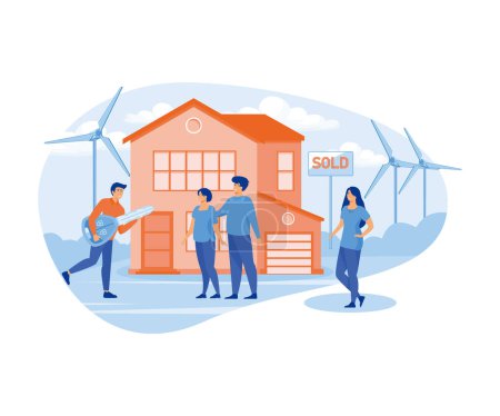 Eco House Konzept mit glücklichen Menschen, die ein neues Zuhause kaufen. Immobilienmakler mit Kunden und Schlüssel. Ökologie Grüne Energie, Solar- und Windkraft. flacher Vektor moderne Illustration