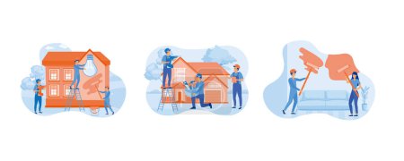 Home renovation workers. Group of constructors, roofers, foremen, house. Home renovation and repair concept. Set flat vector modern illustration