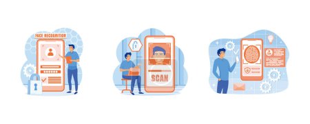 Man standing with a phone, identifies a face. Face recognition concept. Face recognition system development online service or platform. Set flat vector modern illustration
