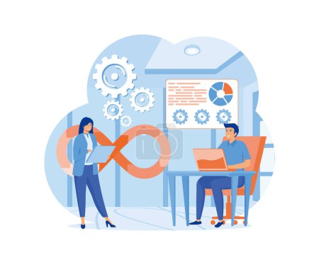 Dev0ps engineers web design with people. Dev0ps work with computers scene. flat vector modern illustration