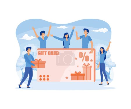 Customers getting gift card. Cheerful people happy about discount card, coupon or voucher. promotion concept. flat vector modern illustration