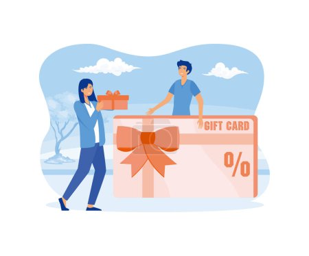 Customers Gift Card, Woman Giving Giftbox to Male. Festive Sale and Shopping Promotion Offer, Bonus System, People Using Coupon for Buying Presents and Goods. flat vector modern illustration