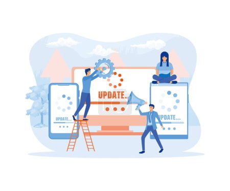 Update software mini people work with upgrade system. flat vector modern illustration