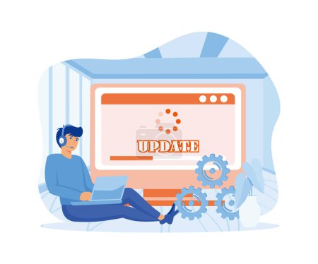 System update. The programmer behind the computer screen. New Version software. Installing update process. flat vector modern illustration
