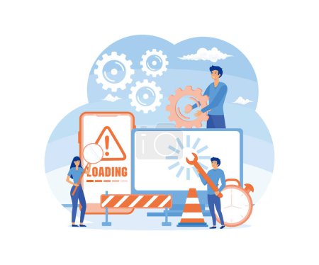 System Update. IT specialists updating software, programs and applications. Technical error and service. Computer, phone screen with updating progress bar. flat vector modern illustration