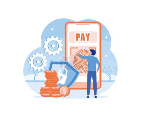 Secure payment concept for web banner design. Man makes online payment confirming his identity with fingerprint. flat vector modern illustration