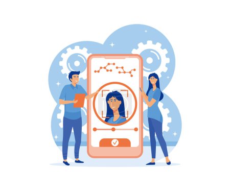 Face recognition and data safety. Mobile phone users getting access to data after biometrical checking. flat vector modern illustration