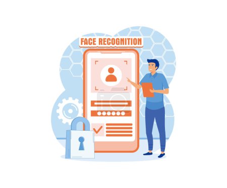 Man standing with a phone, identifies a face. Concept of facial recognition, face ID system, biometric identification. flat vector modern illustration