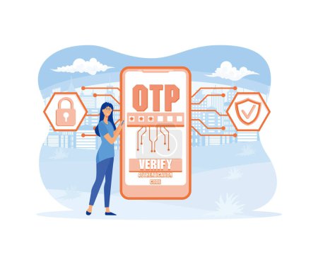 OTP, einmaliges Passwort für sichere Transaktionen bei digitalen Zahlungstransaktionen mit Symbolen. flacher Vektor moderne Illustration