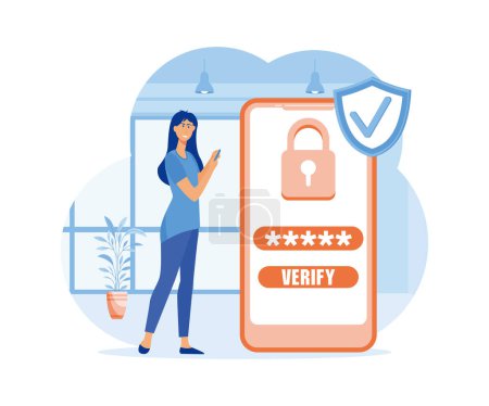 Woman using security OTP one time password verification for mobile app on smartphone screen. flat vector modern illustration