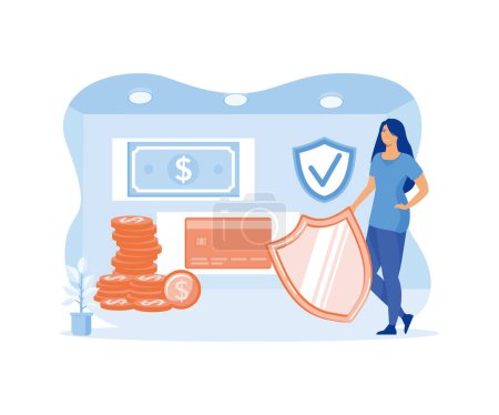 Woman protecting bank card and banknote with shield. Concept of security of transaction, safety or protection of electronic funds transfer, secure payment service. flat vector modern illustration