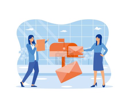 Women getting mail from mailbox. People reading newsletter or social news. Marketing and mail service for business concept. flat vector modern illustration