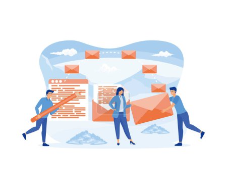 Ilustración de Concepto de servicio de correo. La gente se dedica a enviar correo, mensajes y paquetes a los clientes. vector plano ilustración moderna - Imagen libre de derechos