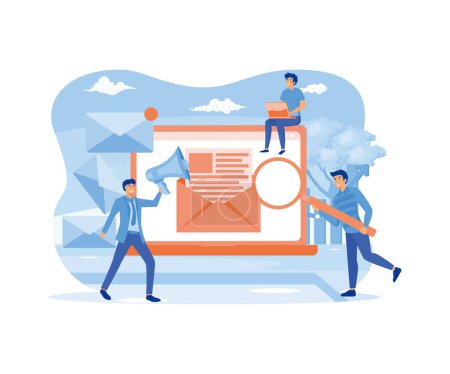 Composition with giant tablet PC, letter in envelope on screen, group of working people or team of marketers. Email marketing, internet advertisement, online promotion. flat vector modern illustration