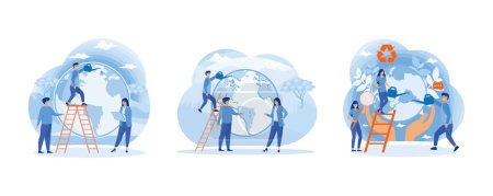 Little men prepare for the day of the Earth. People of World Water Plant for Ecology Celebration Preparation in April. Environmental protection, renewable energy. Set flat vector modern illustration