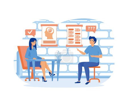 Male character at psychotherapist appointment. Psychologist talking to patient in cabinet. Health care, neurology and treatment concept. flat vector modern illustration