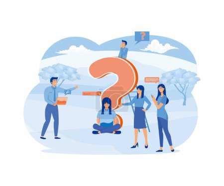 Men and women asking questions, discussing, searching for answers, ideas online and offline using laptop, phone, book next to question mark. flat vector modern illustration
