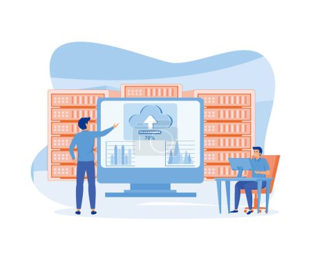 Business technology cloud computing service concept and datacenter storage server connect on cloud with administrator and developer team working on dashboard monitor concept. flat vector modern illustration