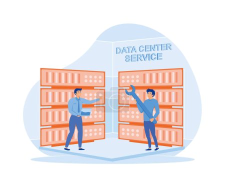Service engineers administrators set up data centers. Of setting process. Data center services concept. flat vector modern illustration
