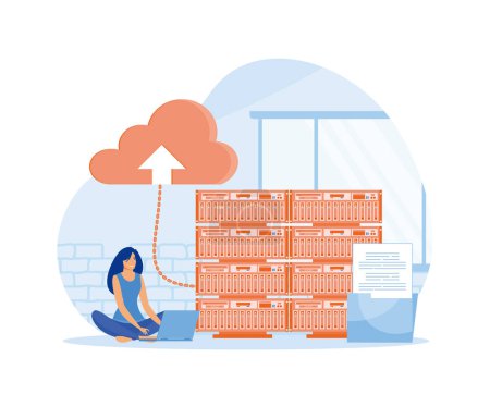 Server maintenance concept with people scene. Woman working as tech engineer and settings cloud computing at server racks room. flat vector modern illustration