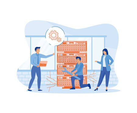 Team doing maintenance and repairs on a server device. server admin, database management staff. work and profession. flat vector modern illustration