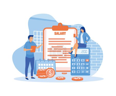 Salary vector concept. female worker looking at his salary on handphone and male worker standing with clipboard, stack of coins and calculator. flat vector modern illustration