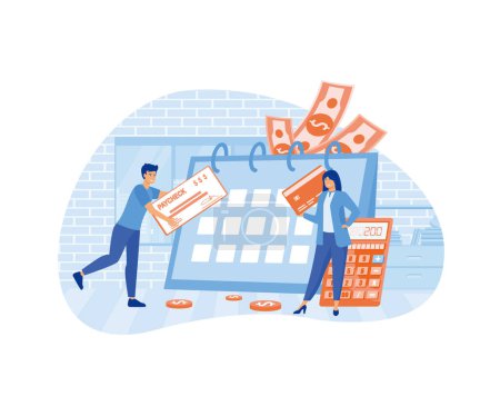 Calendar with payday, calculator and tiny business people getting a paycheck, payroll software concept. flat vector modern illustration