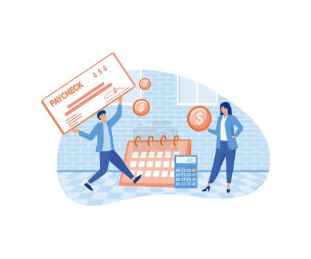 Money prize. Cash lottery winning. Salary payment. Calendar with payday. Tax free income. Paycheck cash, payroll tax deposit, payroll software concept. flat vector modern illustration