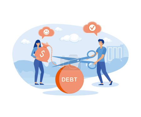 Businessman helped girl get out of debt. Man cuts chain with load with large scissors. Helped debtor to solve financial problems. Woman freed from monetary obligations. flat vector modern illustration