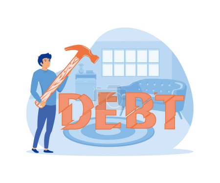 Businessman trying to crush and smash the heavy debt burden. Breaking the debt. flat vector modern illustration