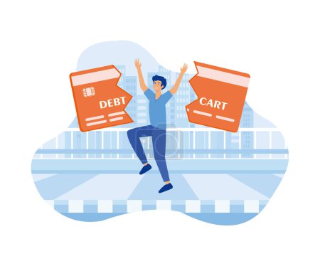 Trap of credit card debt concept. young man happy after paying off credit card debt. flat vector modern illustration