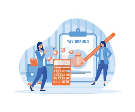 Two female making tax refund. Concept of accounting, payment, financial bill. Tax optimization, deduction and refund. flat vector modern illustration
