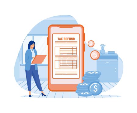 Woman checking tax payment. Tax return documents. flat vector modern illustration