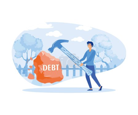 Hombre de negocios rompiendo la roca del concepto de deuda. Símbolo financiero empresarial. vector plano ilustración moderna