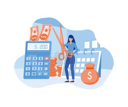Successful businesswoman cuts heavy taxes with scissors. Tax deduction. Concept of tax return, optimization, duty, financial accounting. flat vector modern illustration