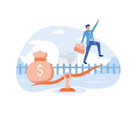 Business startup concept. A businessman flying up and a bag full of money. flat vector modern illustration