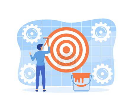 Purpose KPI, key performance indicator or set objective and achievement concept, ambitious businessman on ladder using paint roller to paint big dartboard. flat vector modern illustration